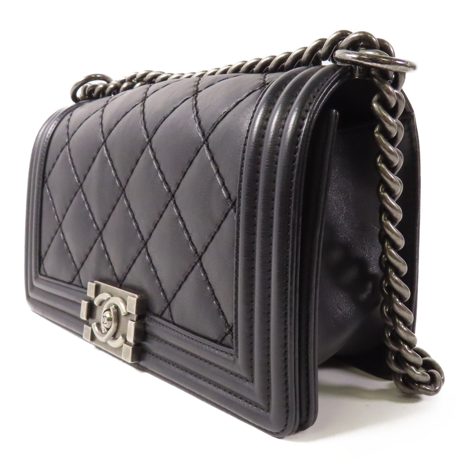 CHANEL CC Boy 25 Chain Shoulder Bag Calfskin Leather Black