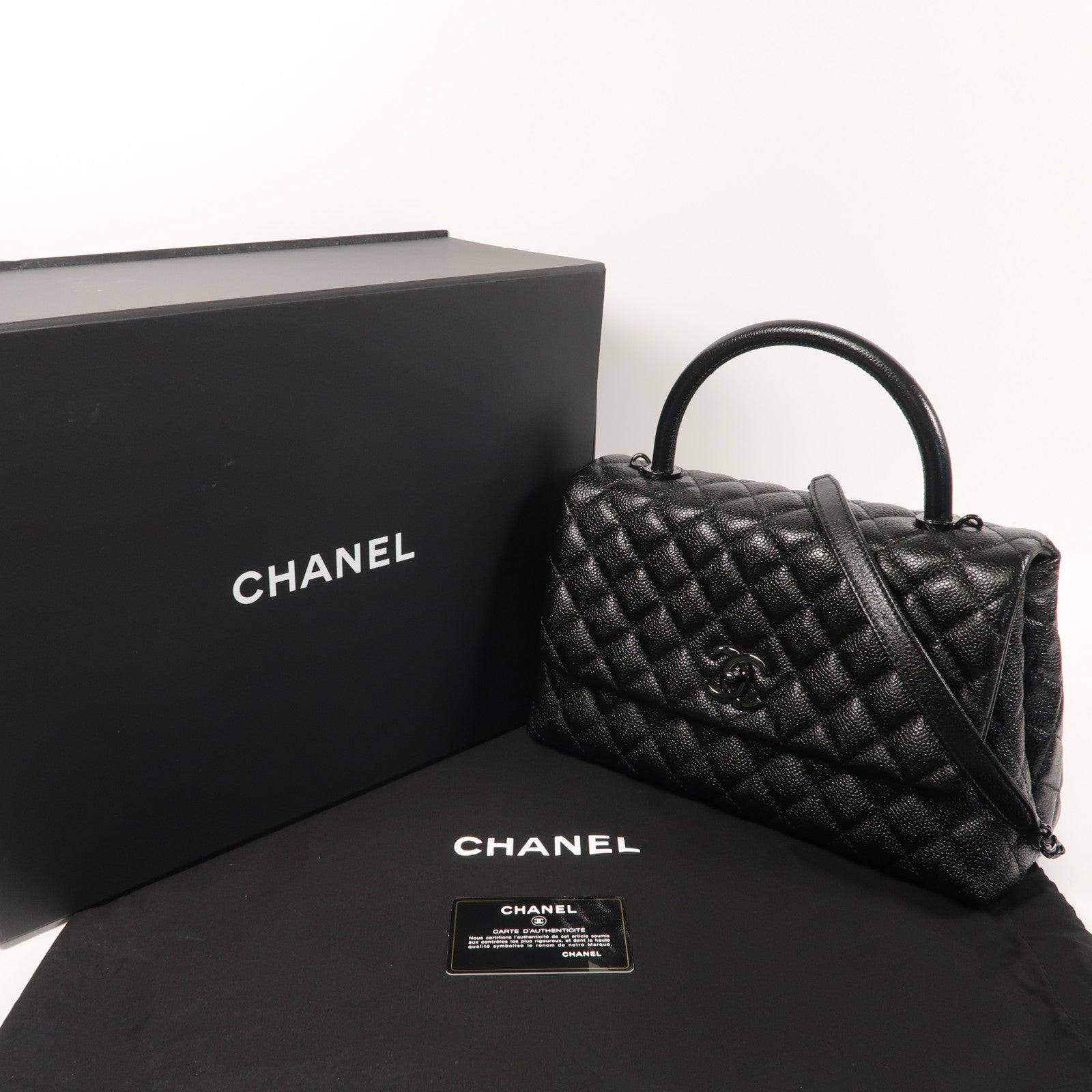 CHANEL 菱格Caviar皮革Coco Handle手挽肩背兩用袋黑色