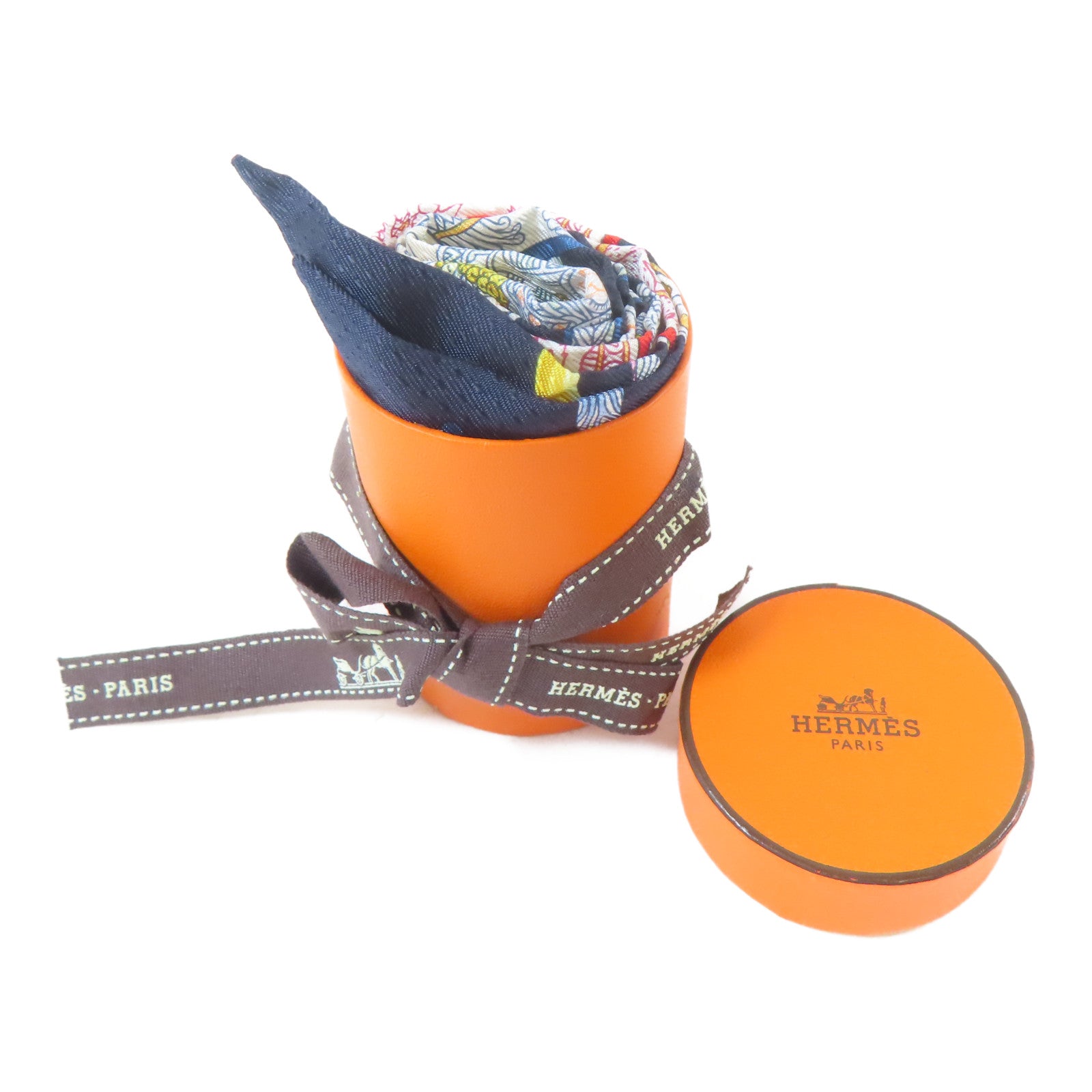 HERMES 絲質Twilly絲巾深藍色/白色/紅色/金色
