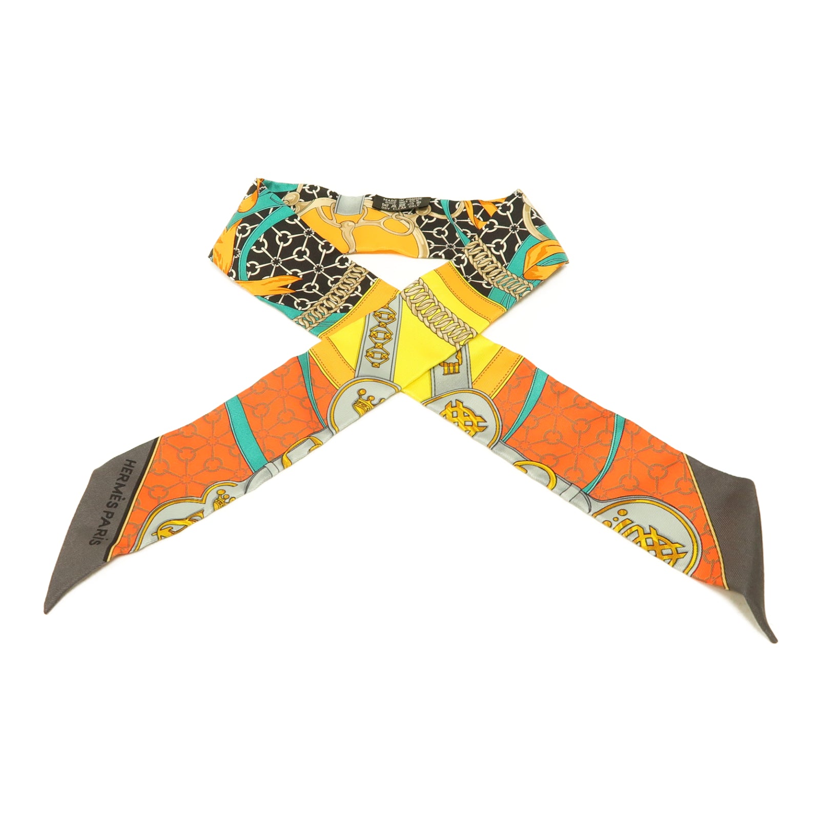 HERMES 絲質Twilly絲巾黃色/橙色/黑色
