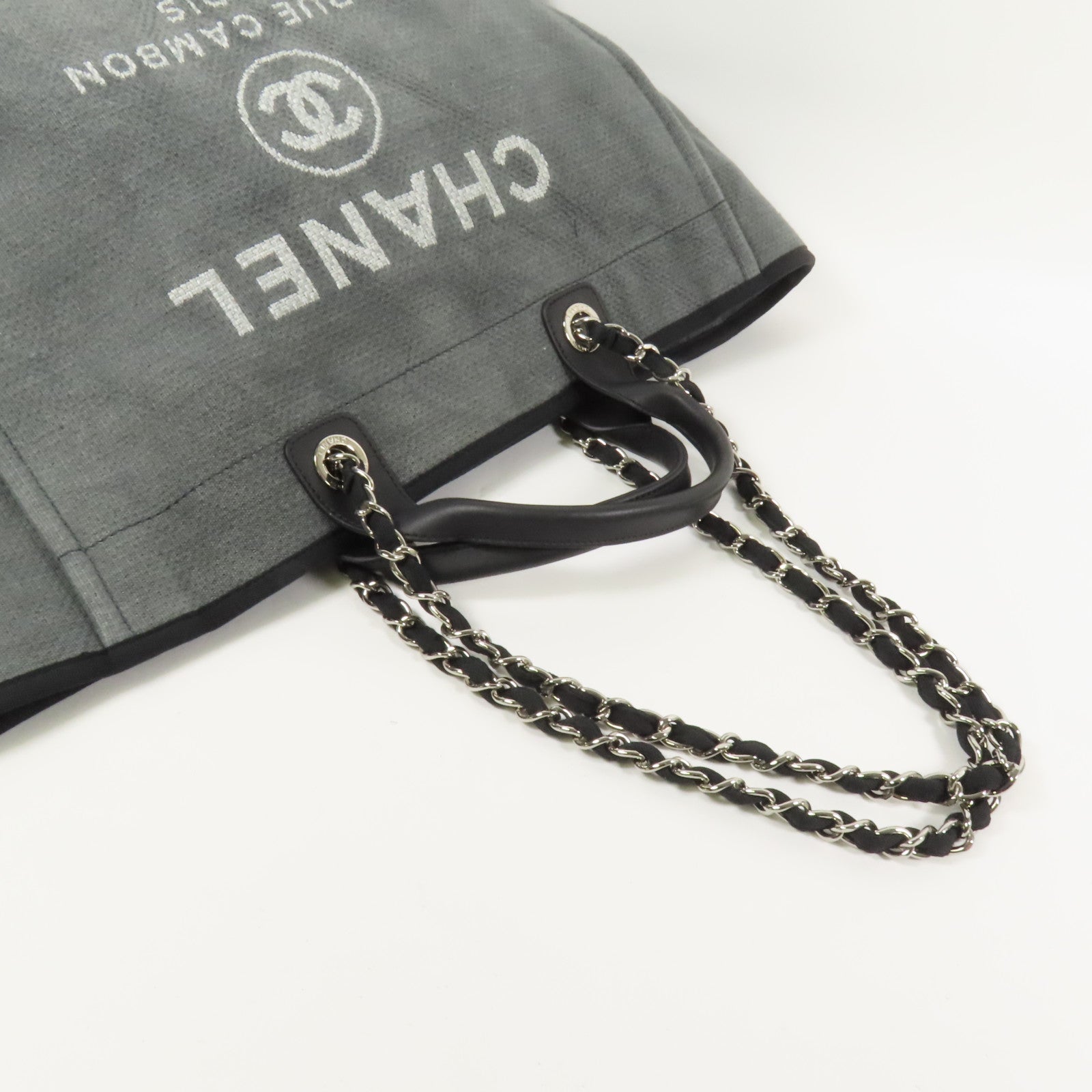CHANEL 帆布Deauville Tote銀扣鏈帶手挽肩背兩用袋