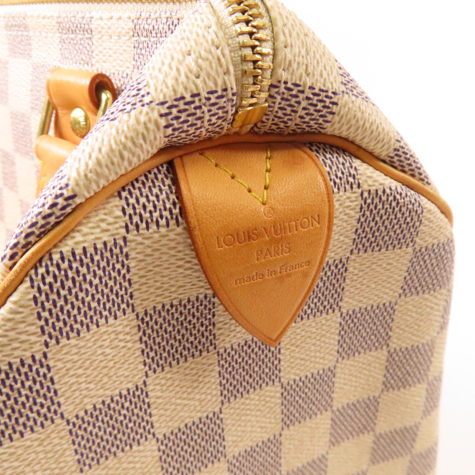 LOUIS VUITTON Damier Azur Speedy 30金扣手挽袋白色
