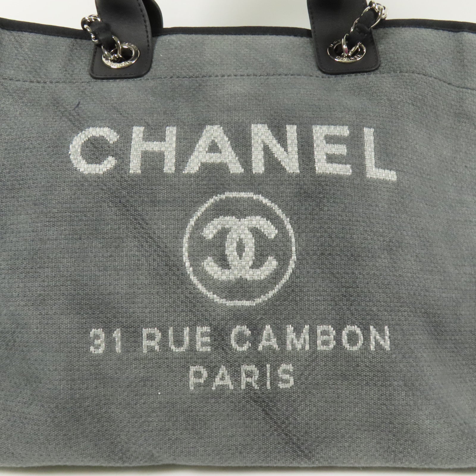 CHANEL 帆布Deauville Tote銀扣鏈帶手挽肩背兩用袋