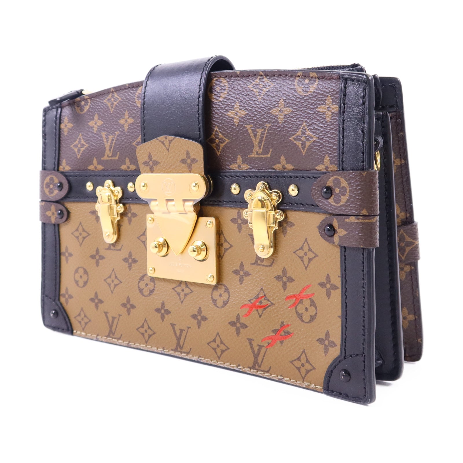LOUIS VUITTON 【激減優惠】Monogram Reverse Trunk Clutch金扣肩背袋棕色