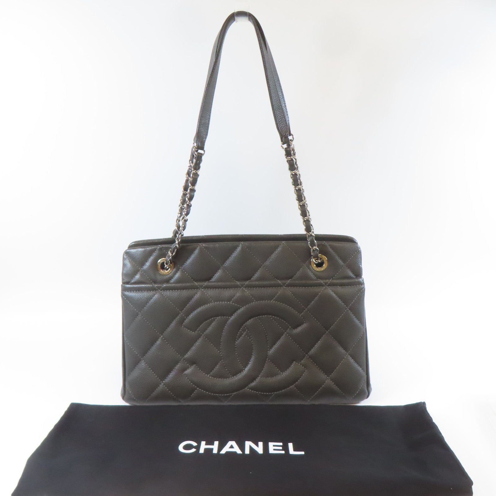 CHANEL 【激減優惠】菱格Caviar皮革Chain Shoulder銀扣鏈帶肩背袋灰色
