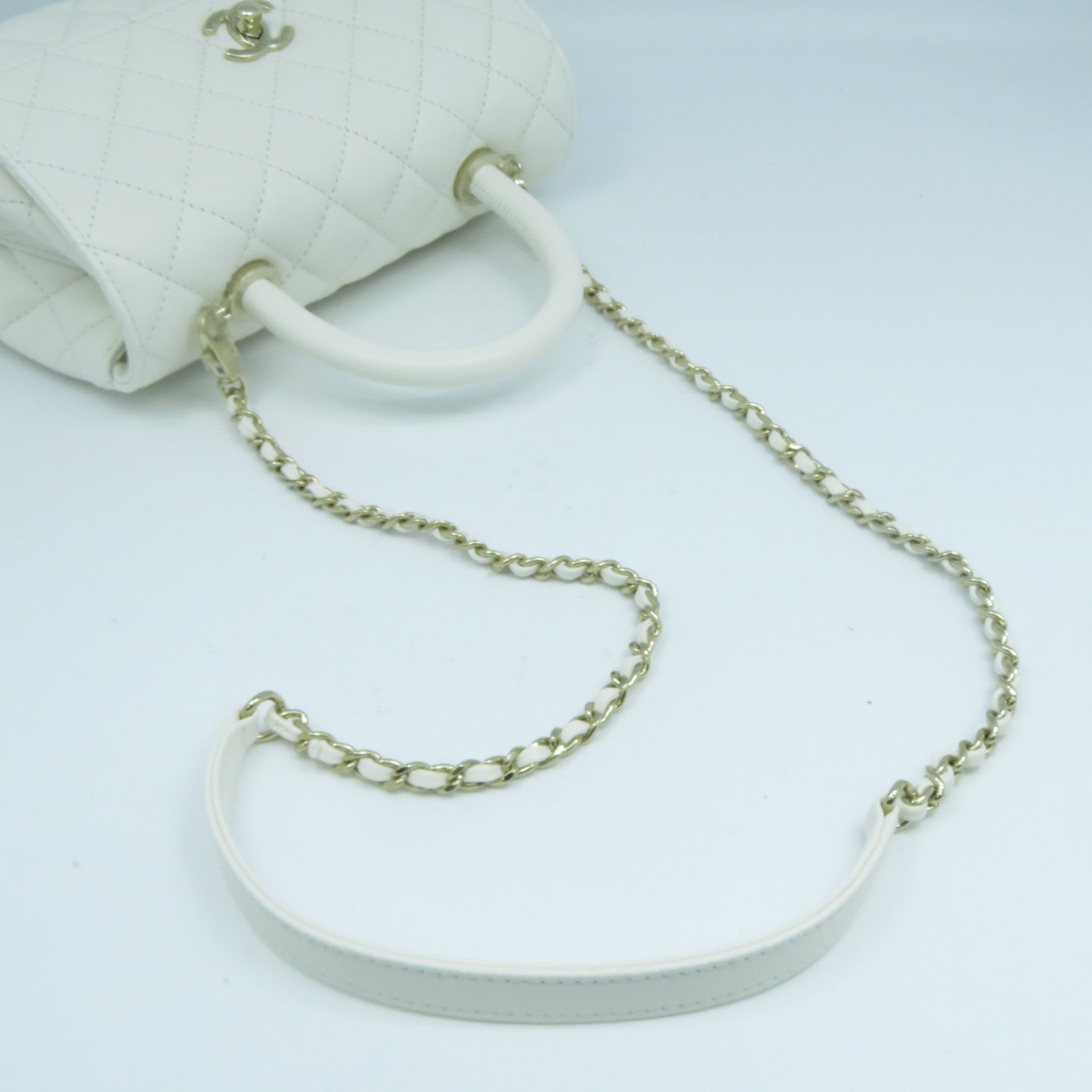 CHANEL 【激減優惠】菱格Caviar皮革Coco Handle金扣鏈帶肩背袋白色