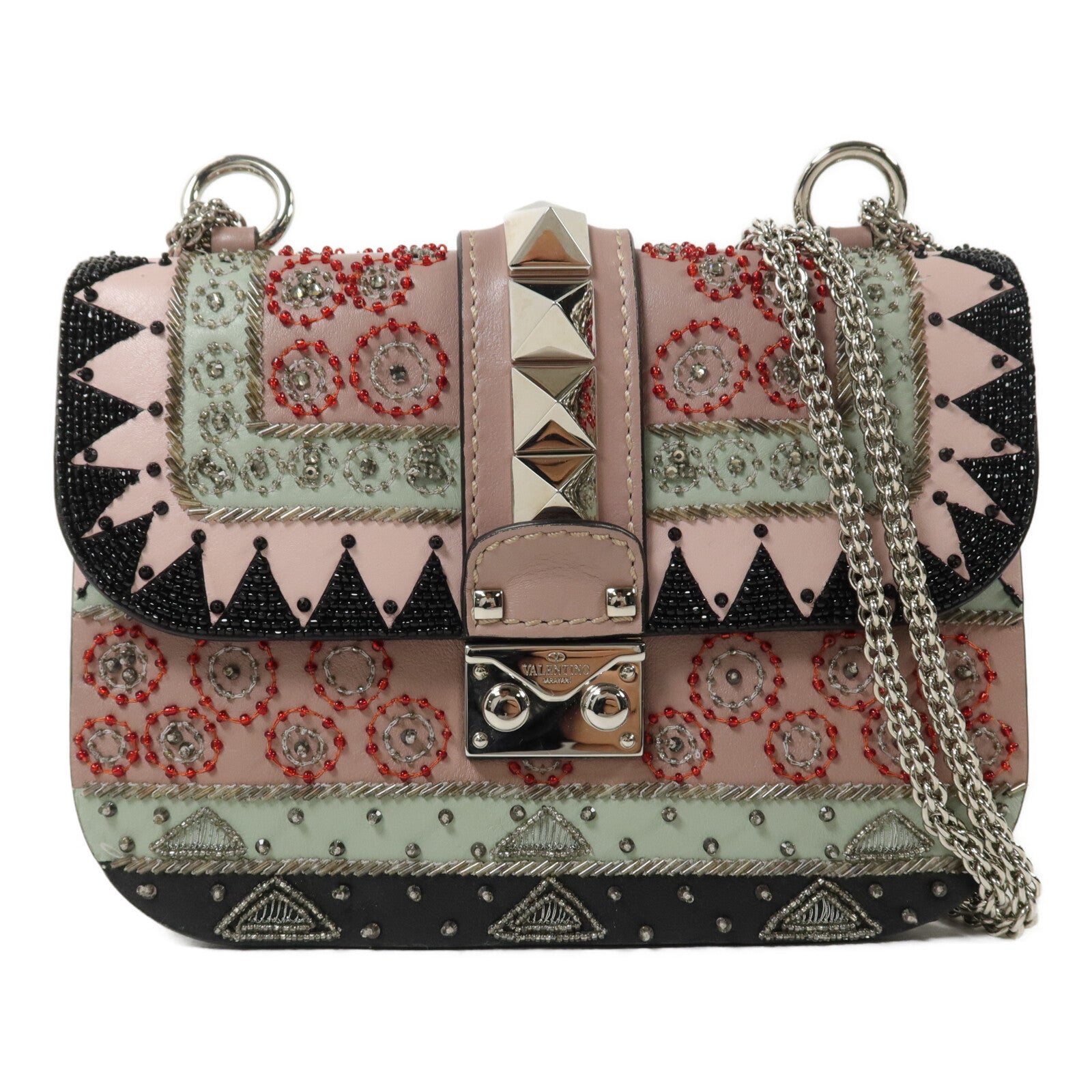 Valentino 牛皮皮革Rockstud Glam Lock Flap Bag鏈帶肩背袋