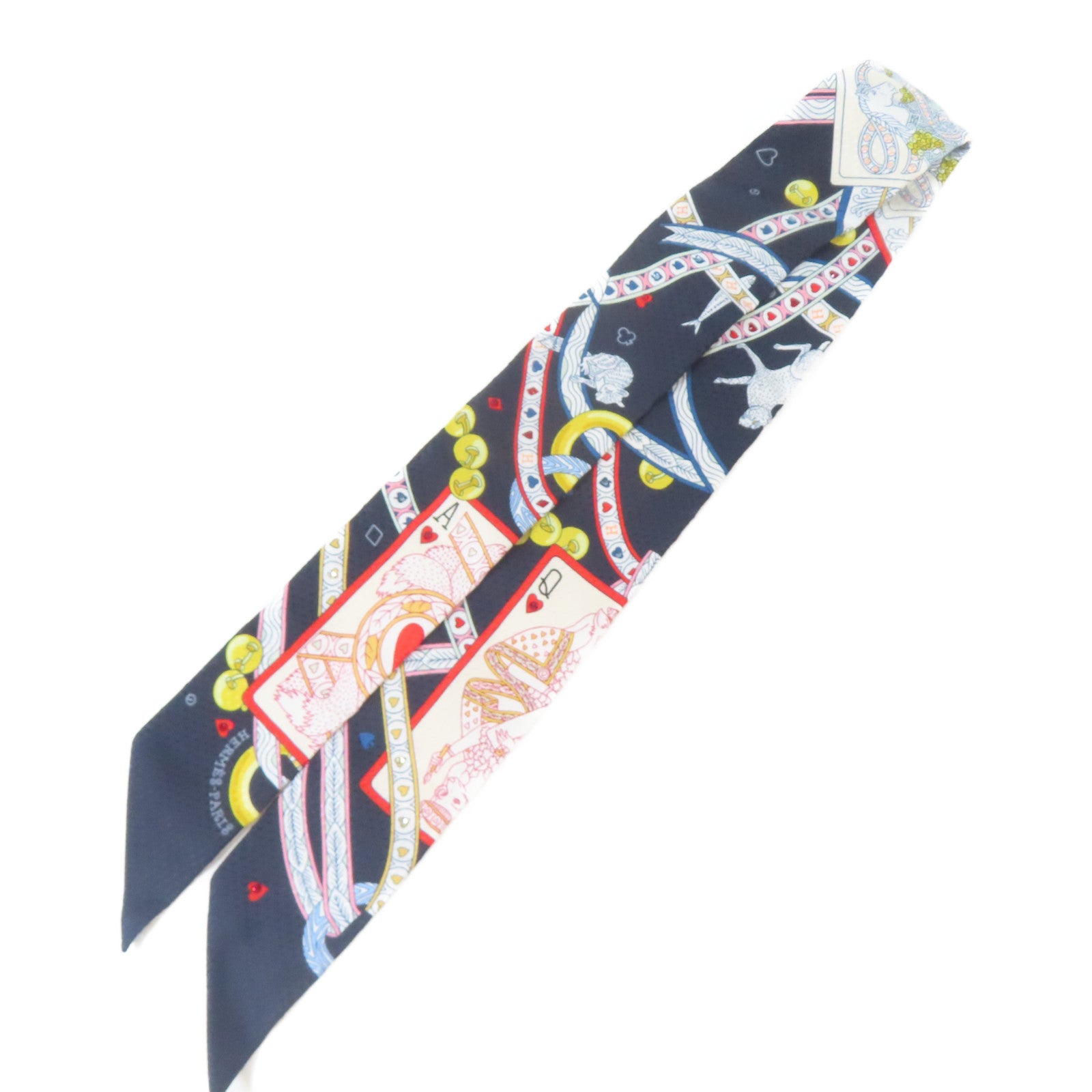 HERMES 絲質Twilly絲巾深藍色/白色/紅色/金色