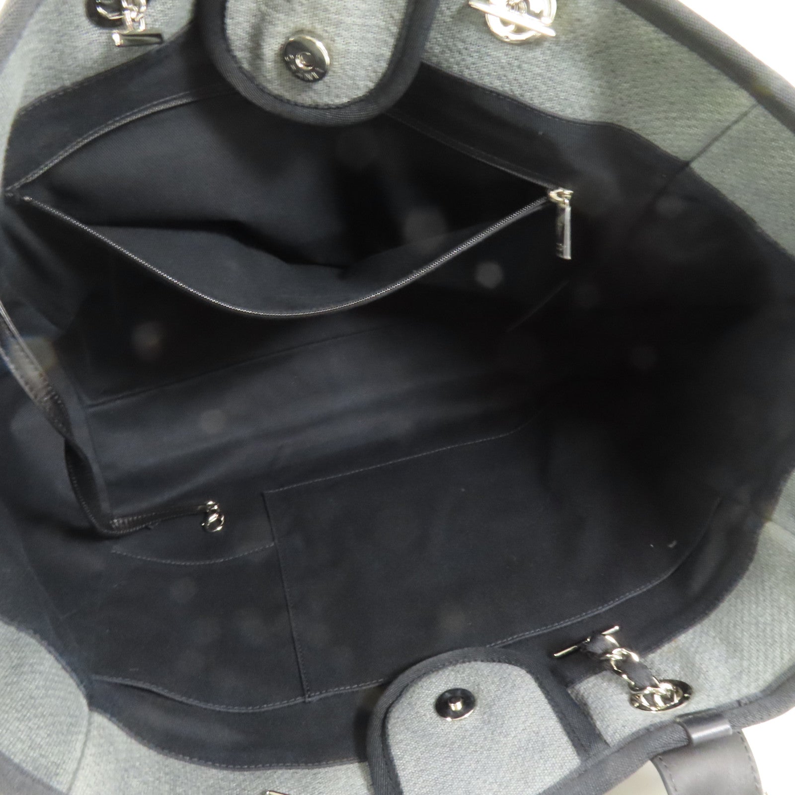 CHANEL 帆布Deauville Tote銀扣鏈帶手挽肩背兩用袋