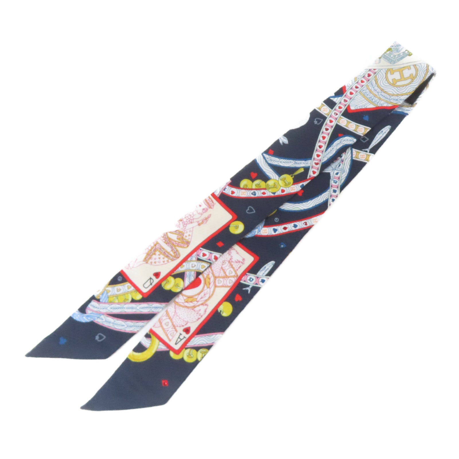 HERMES 絲質Twilly絲巾深藍色/白色/紅色/金色