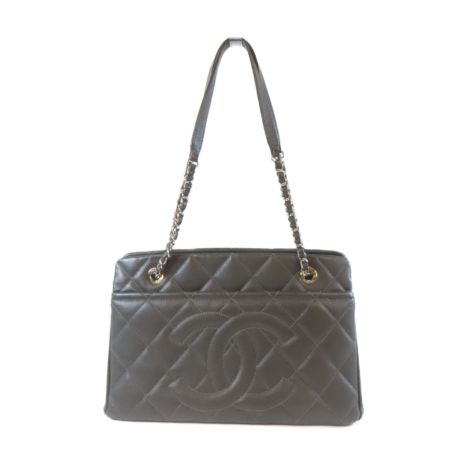 CHANEL 【激減優惠】菱格Caviar皮革Chain Shoulder銀扣鏈帶肩背袋灰色