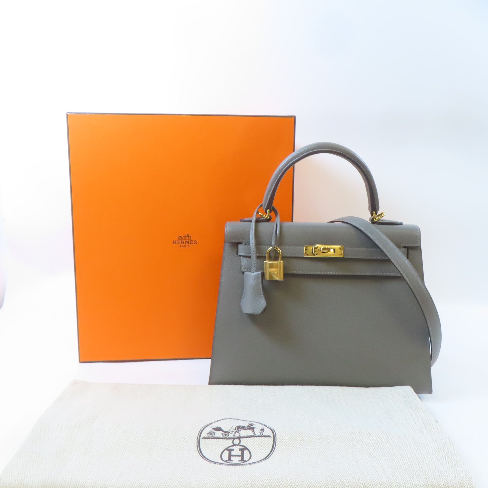 HERMES Madame皮革Kelly 25金扣手挽肩背兩用袋Gris Meyer灰色