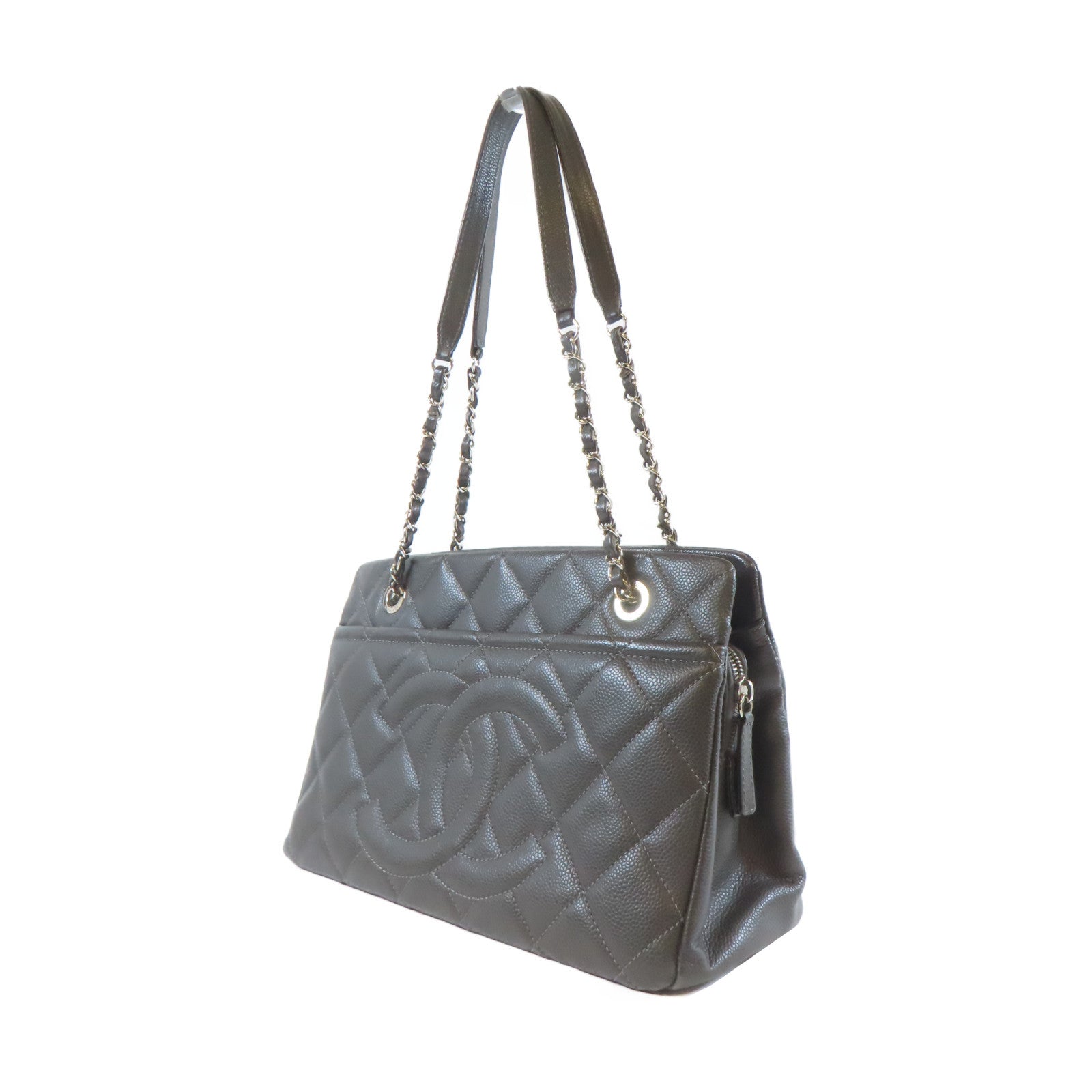 CHANEL 【激減優惠】菱格Caviar皮革Chain Shoulder銀扣鏈帶肩背袋灰色