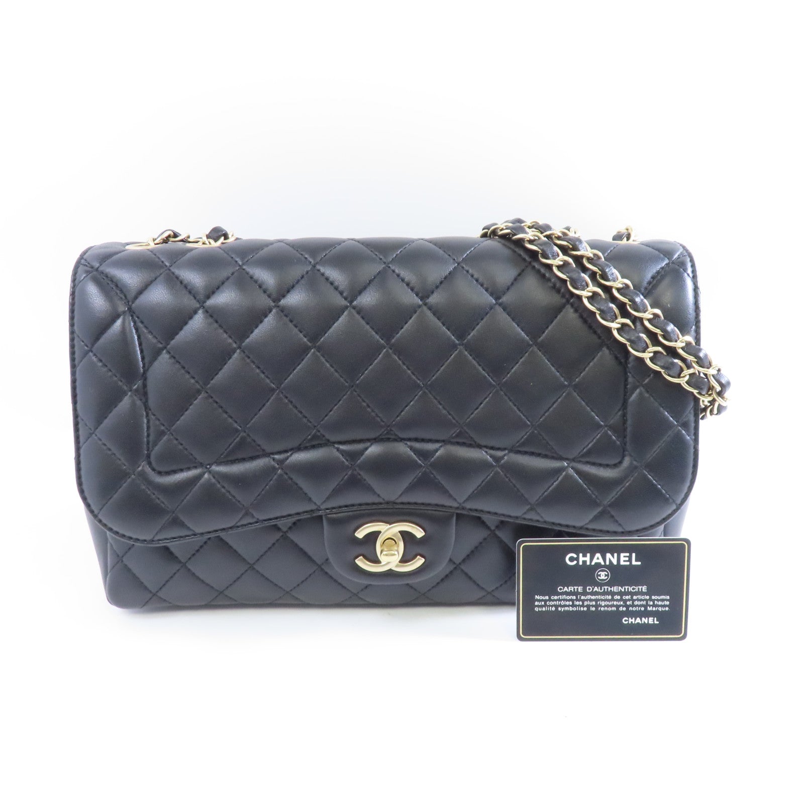 CHANEL 菱格牛皮皮革Chain Shoulder Bag金扣鏈帶肩背袋黑色