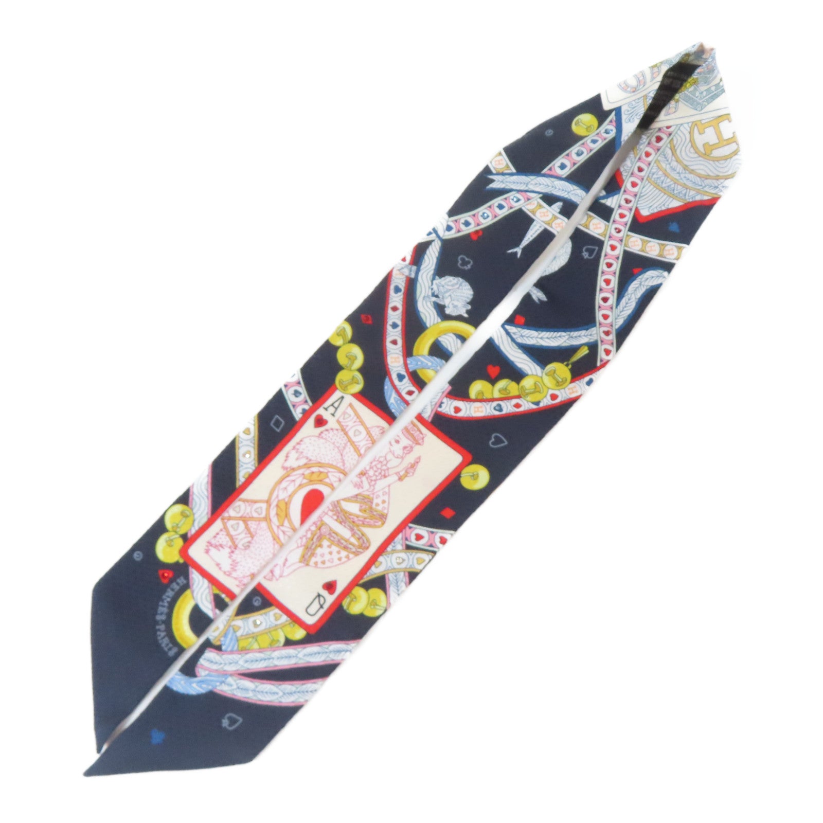 HERMES 絲質Twilly絲巾深藍色/白色/紅色/金色