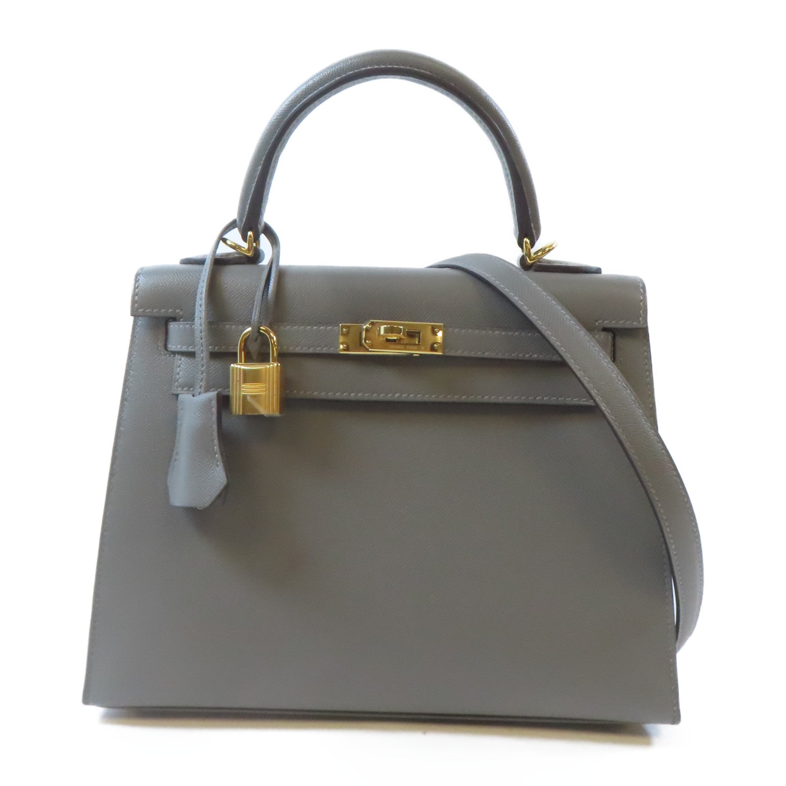 HERMES Madame皮革Kelly 25金扣手挽肩背兩用袋Gris Meyer灰色