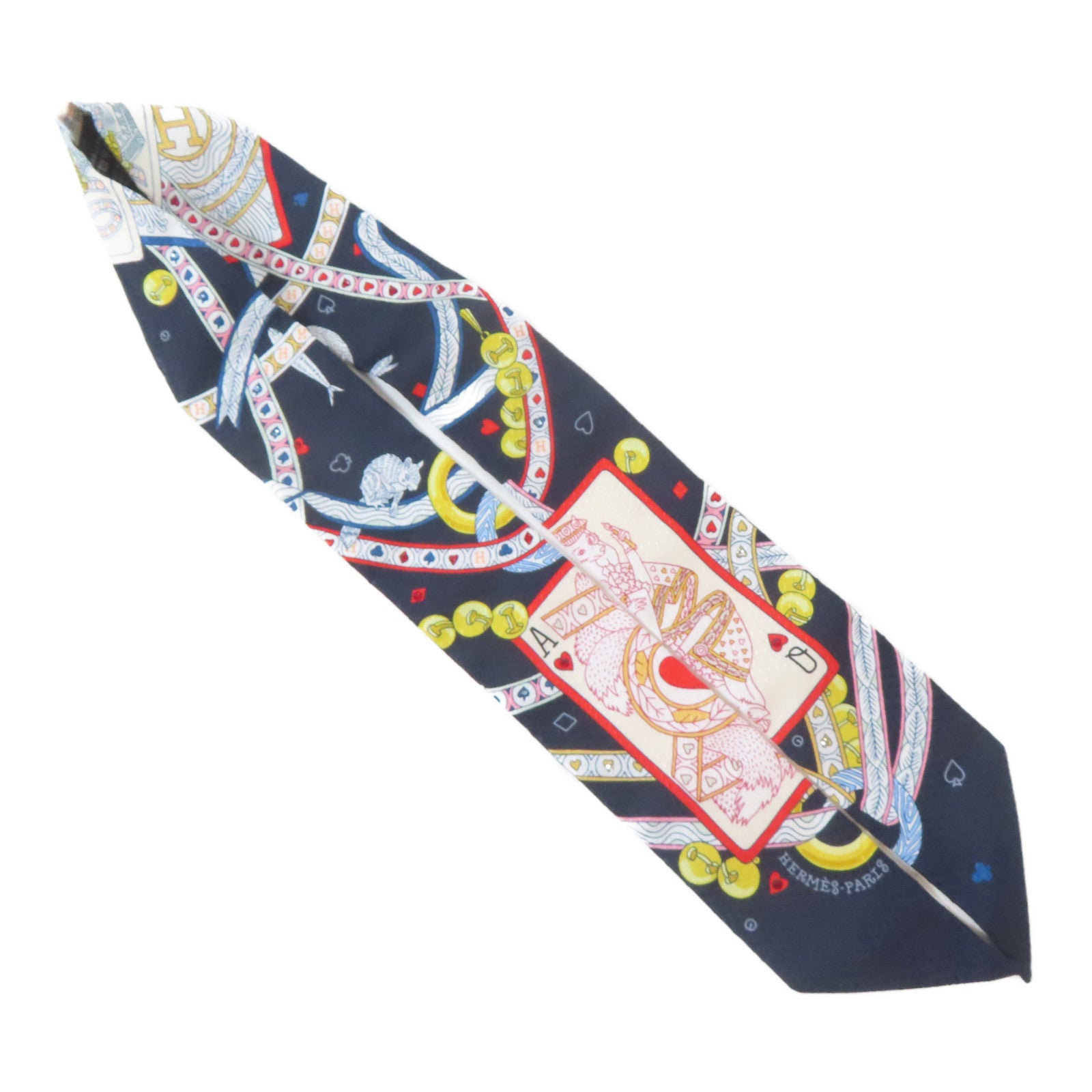 HERMES 絲質Twilly絲巾深藍色/白色/紅色/金色