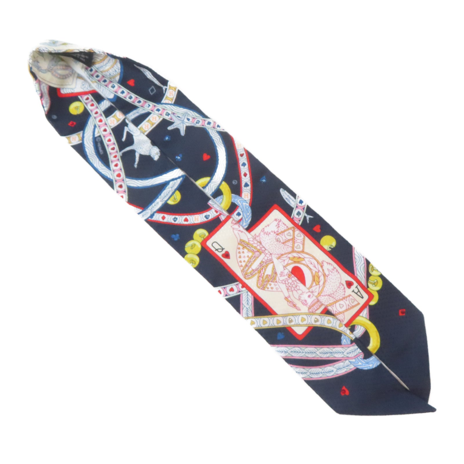 HERMES 絲質Twilly絲巾深藍色/白色/紅色/金色