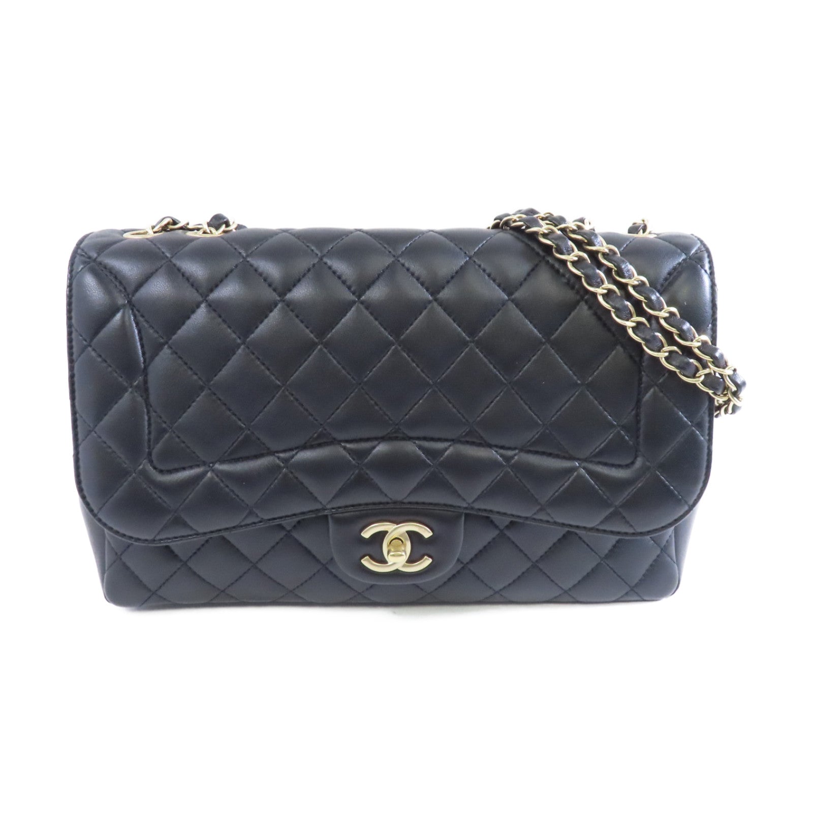 CHANEL 菱格牛皮皮革Chain Shoulder Bag金扣鏈帶肩背袋黑色