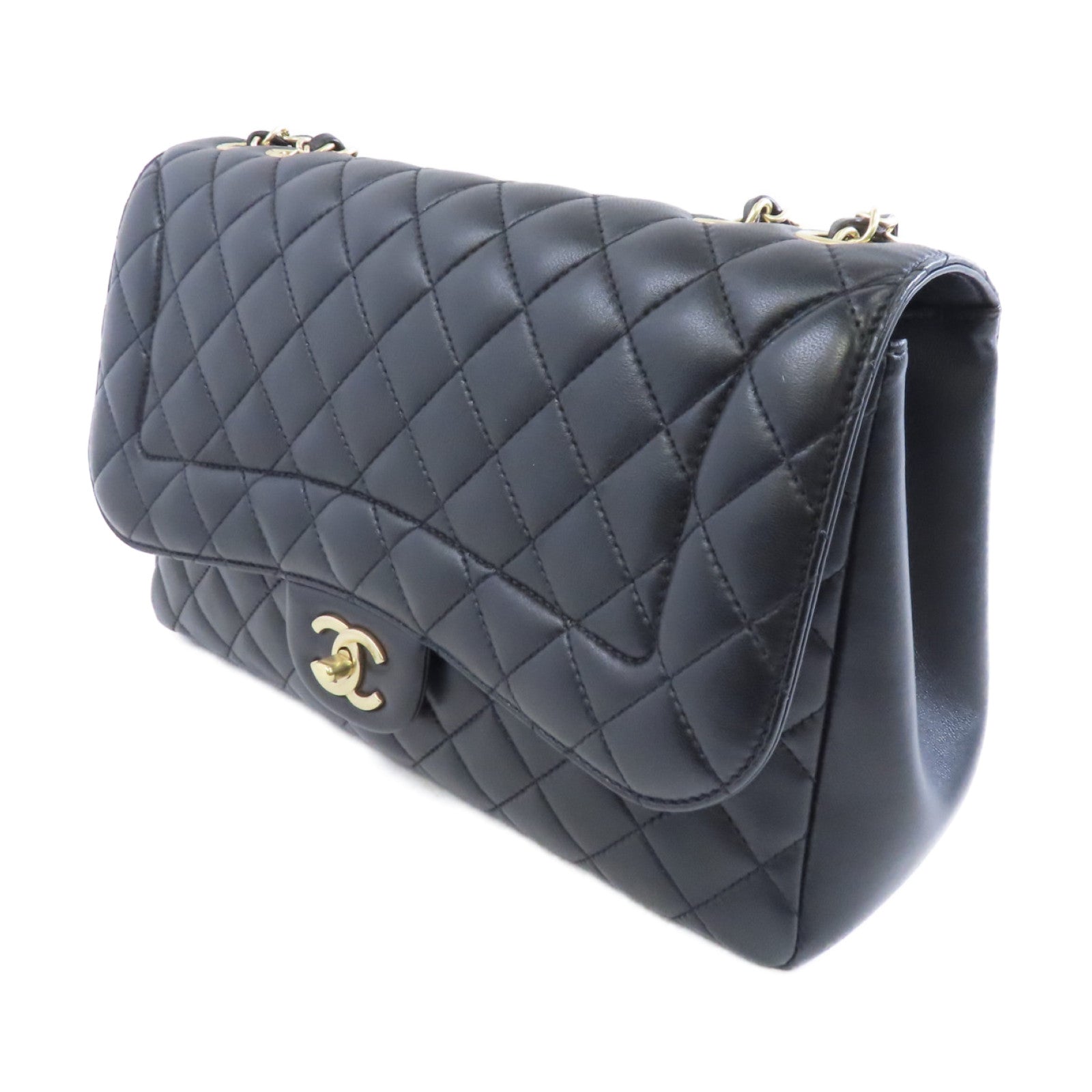 CHANEL 菱格牛皮皮革Chain Shoulder Bag金扣鏈帶肩背袋黑色