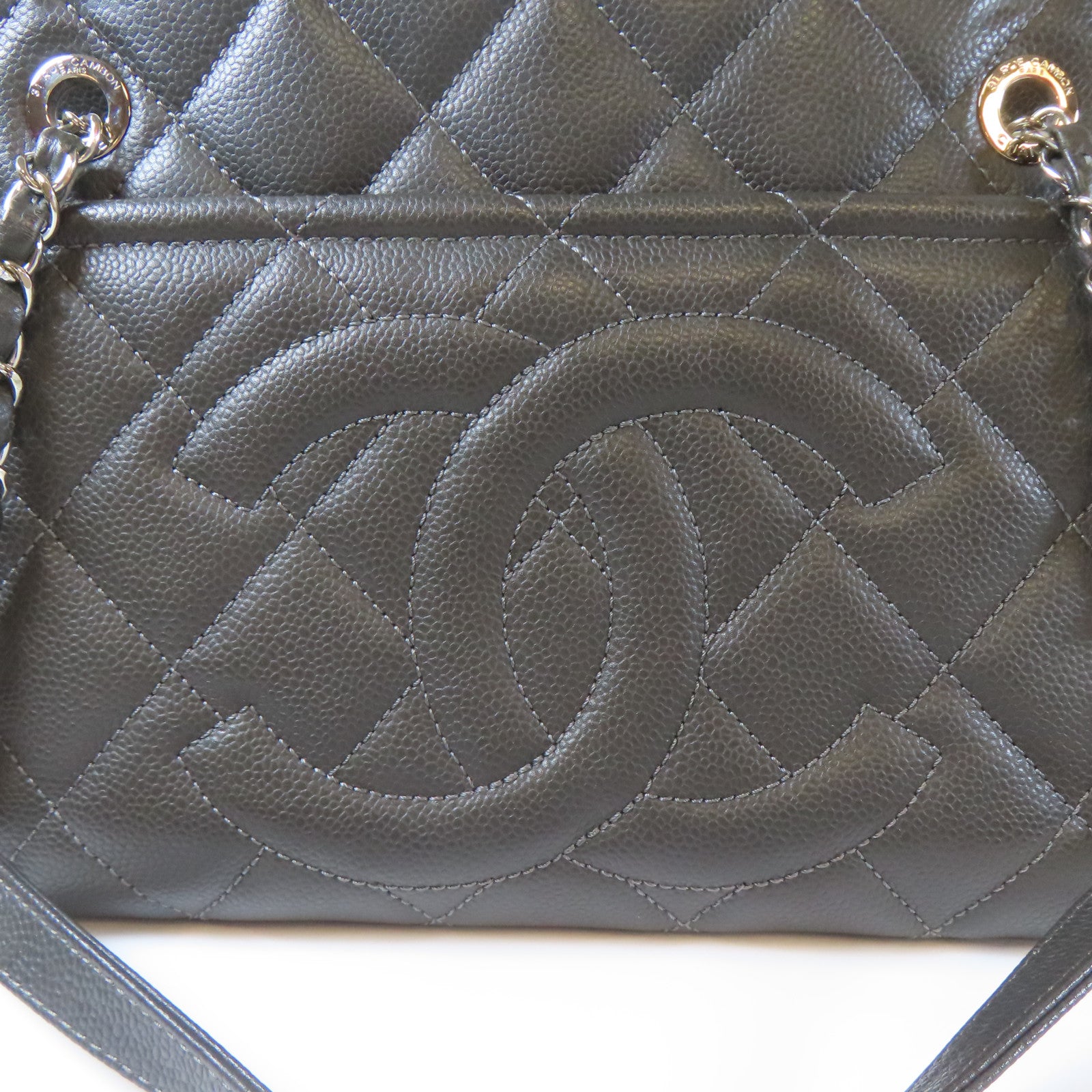CHANEL 【激減優惠】菱格Caviar皮革Chain Shoulder銀扣鏈帶肩背袋灰色