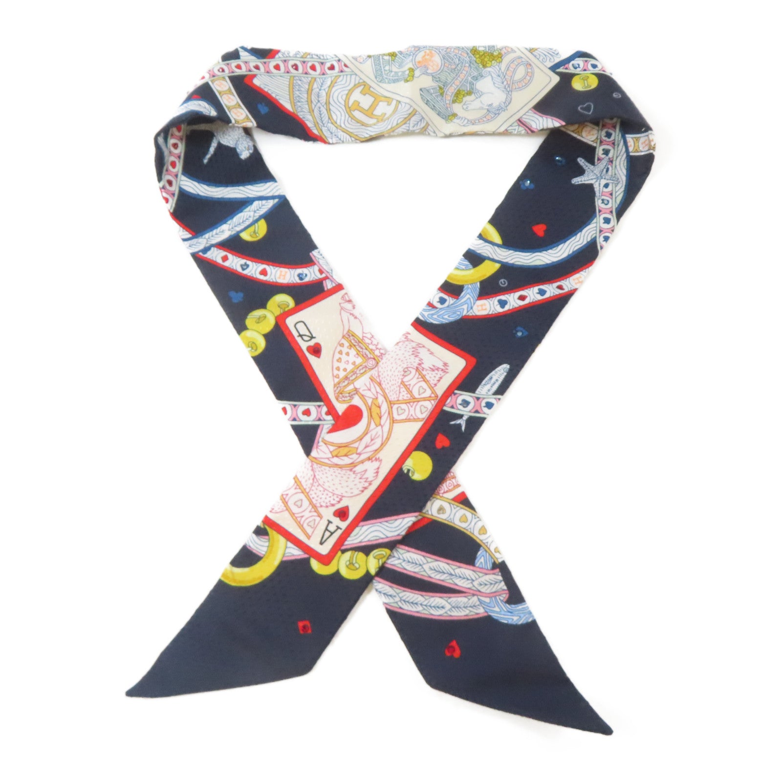 HERMES 絲質Twilly絲巾深藍色/白色/紅色/金色