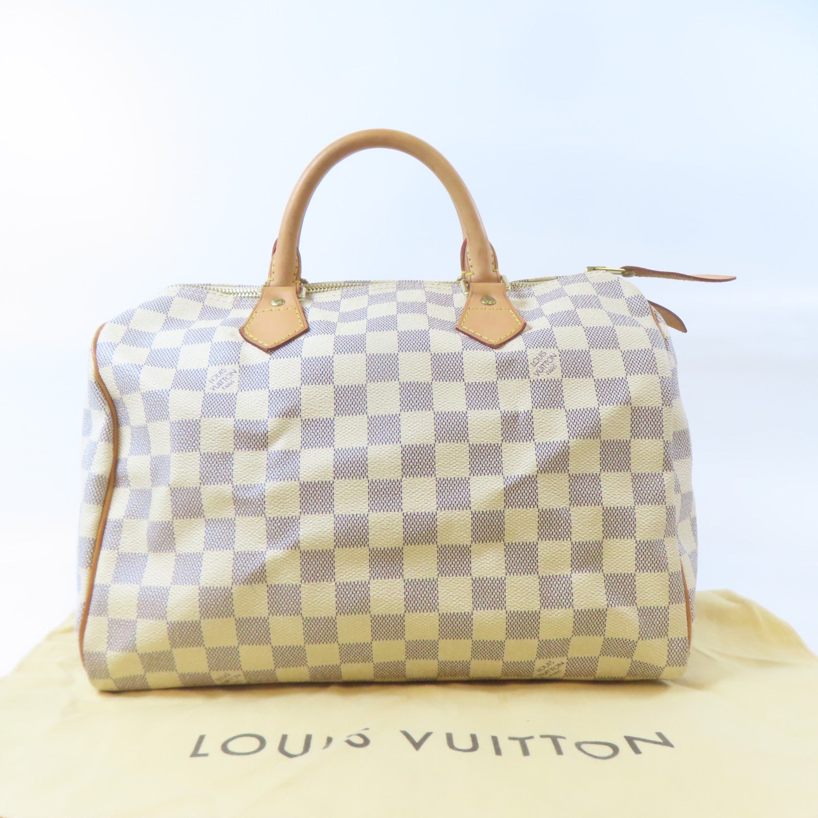 LOUIS VUITTON Damier Azur Speedy 30金扣手挽袋白色