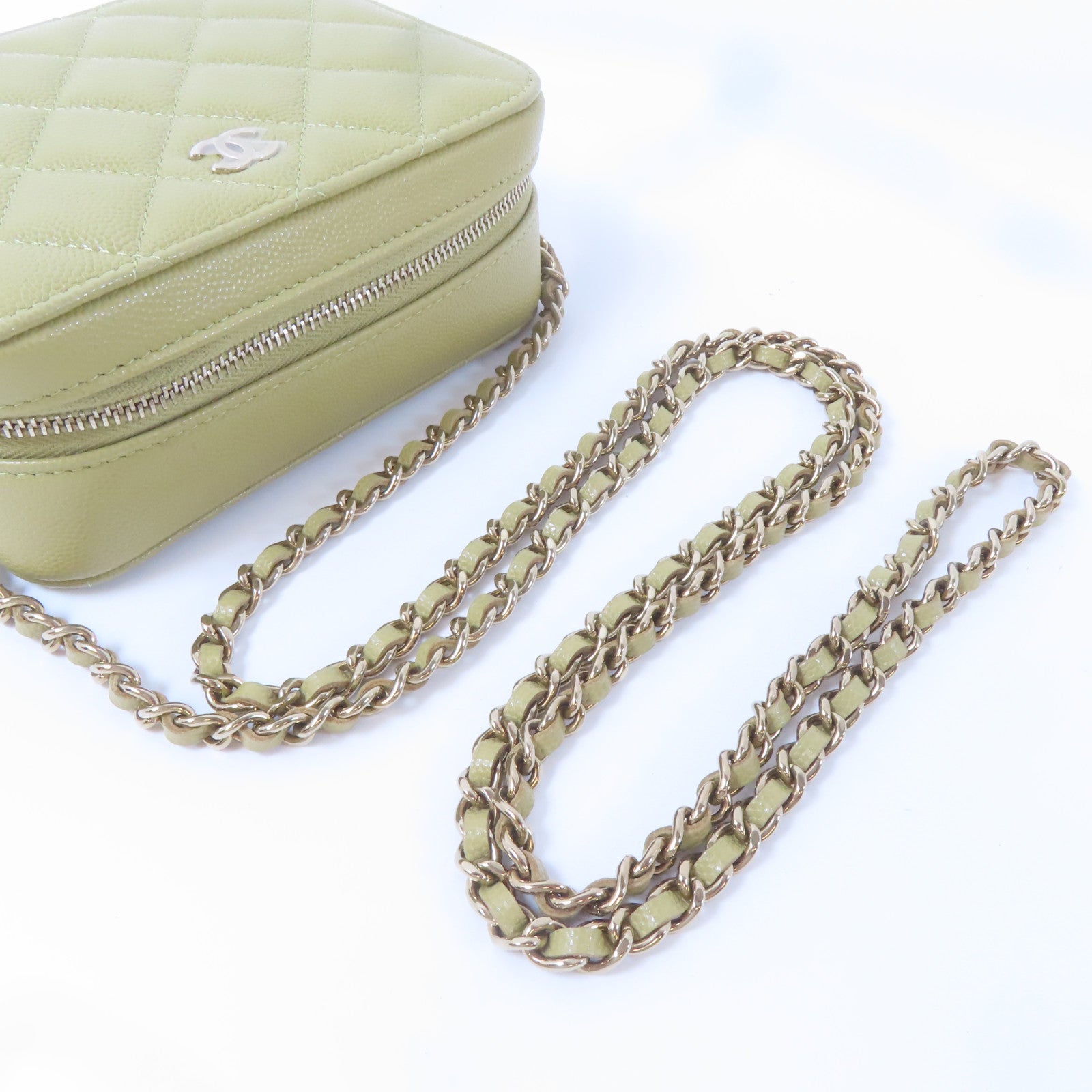 CHANEL 【激減優惠】菱格牛皮皮革Chain Shoulder金扣鏈帶肩背袋淺綠色