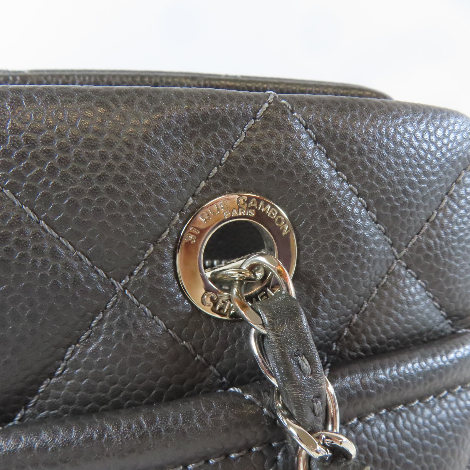 CHANEL 【激減優惠】菱格Caviar皮革Chain Shoulder銀扣鏈帶肩背袋灰色