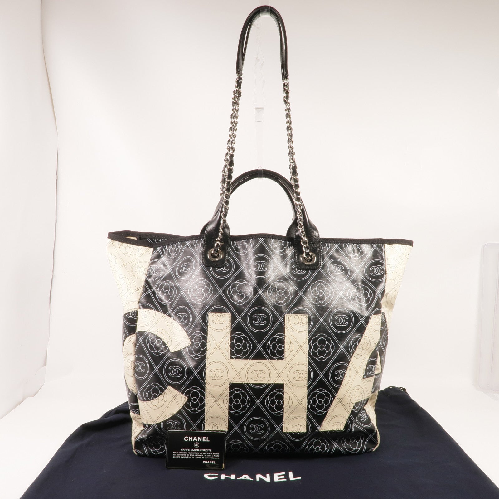 CHANEL 塗層帆布2 Way Tote銀扣手挽肩背兩用袋