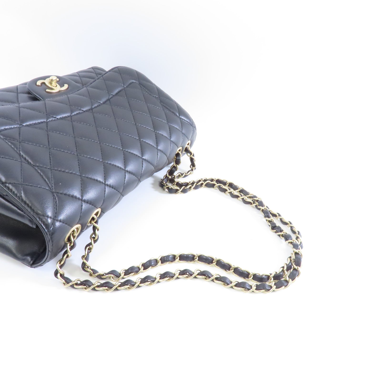 CHANEL 菱格牛皮皮革Chain Shoulder Bag金扣鏈帶肩背袋黑色
