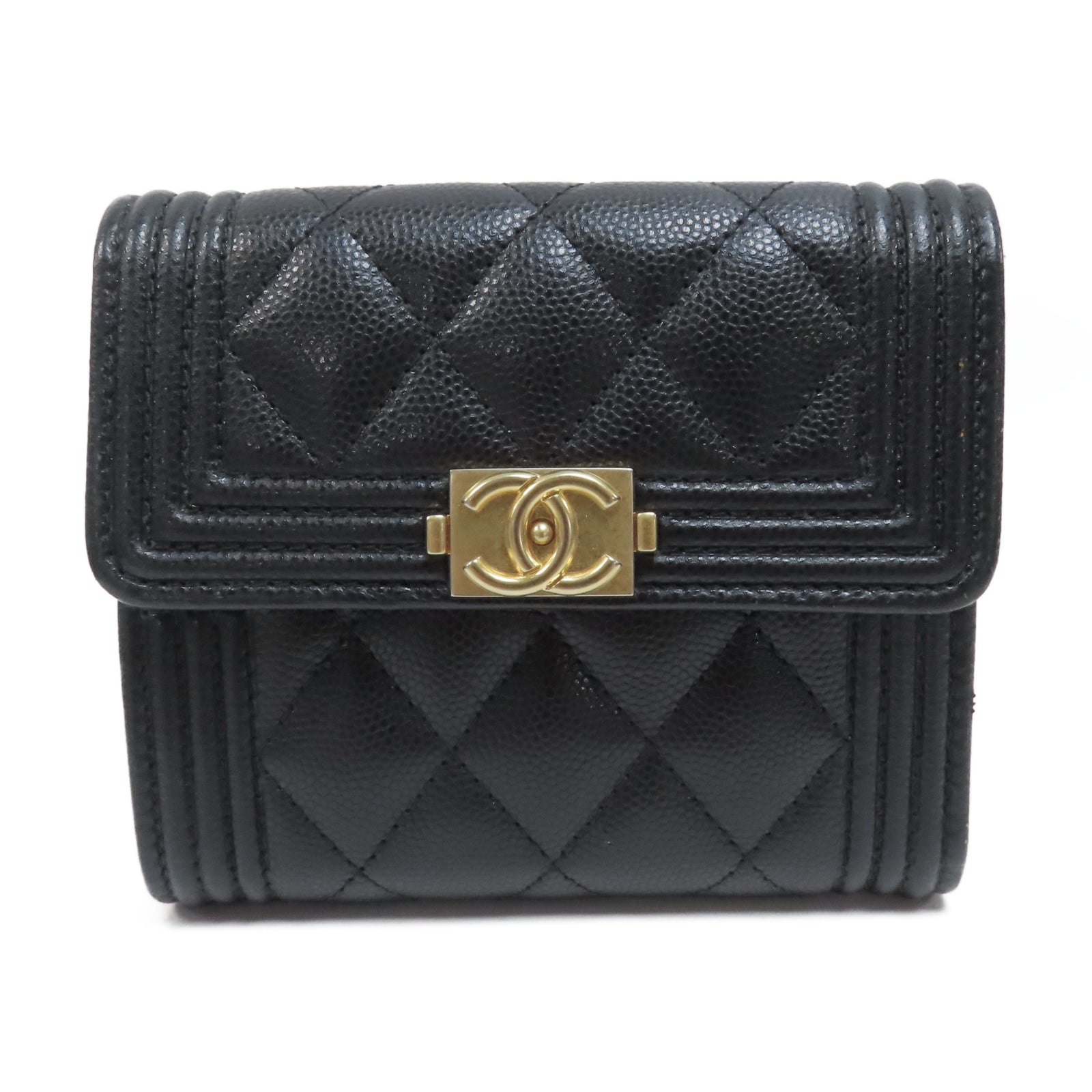 CHANEL 菱格Caviar皮革Boy Wallet金扣錢包黑色