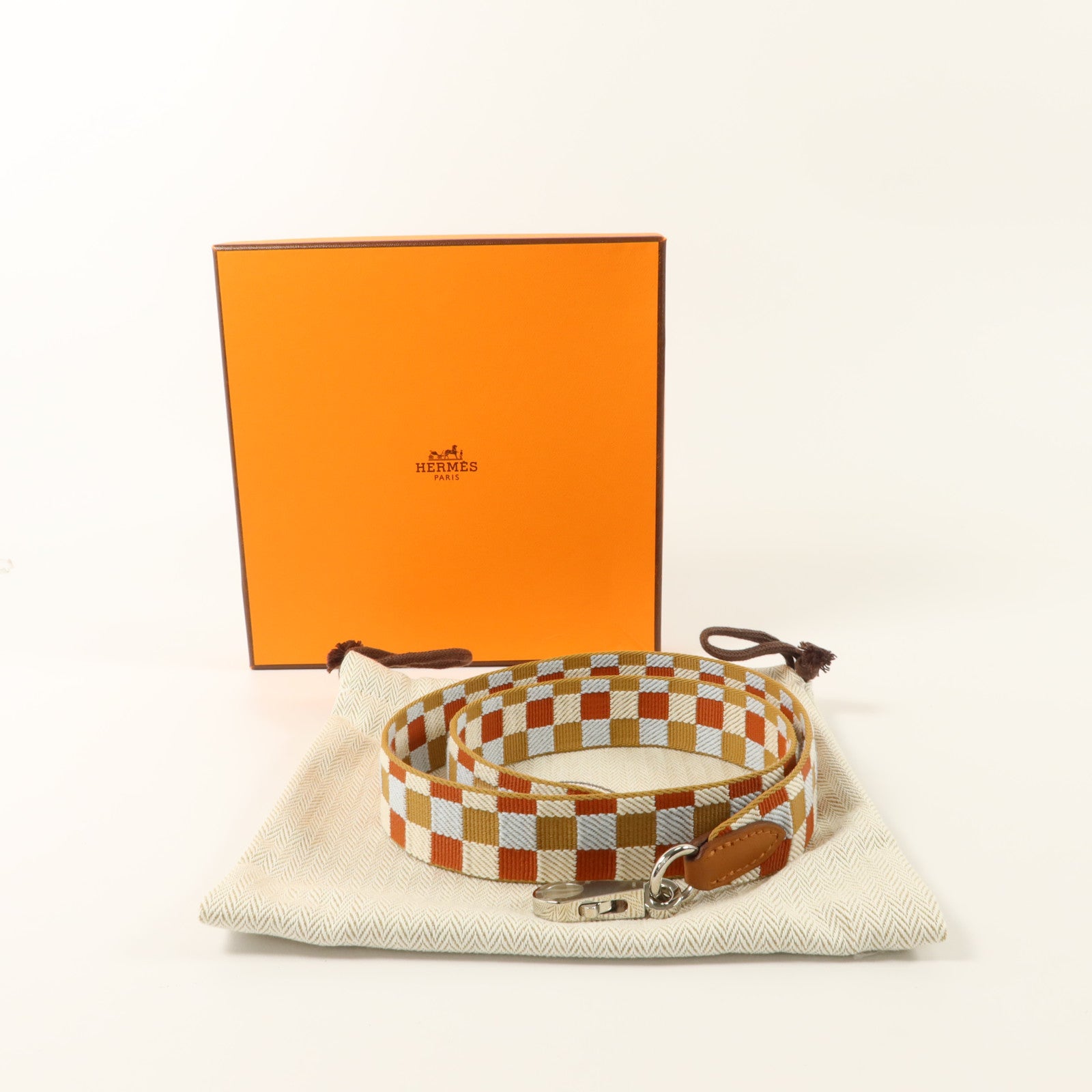 HERMES 帆布/Swift皮革Strap 70cm銀扣肩帶Gold