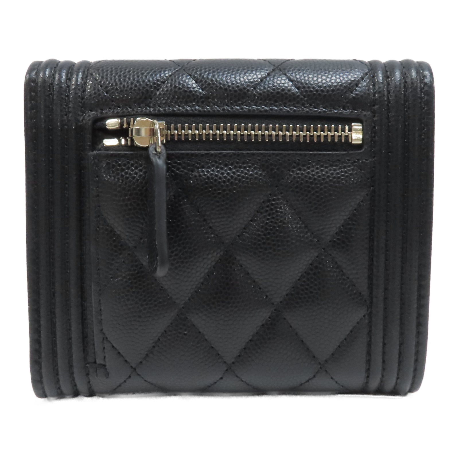 CHANEL 菱格Caviar皮革Boy Wallet金扣錢包黑色