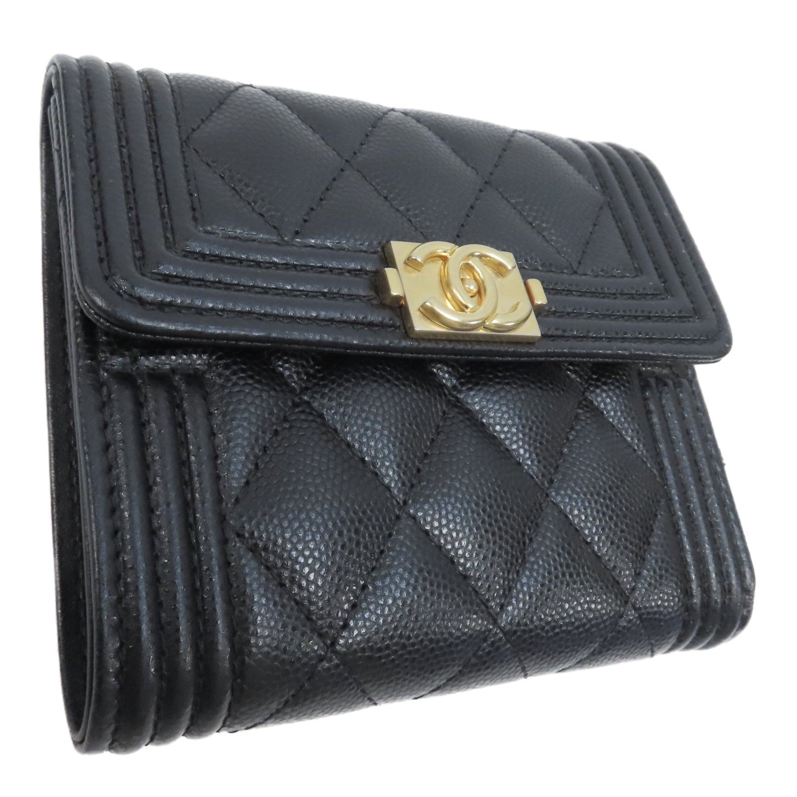 CHANEL 菱格Caviar皮革Boy Wallet金扣錢包黑色