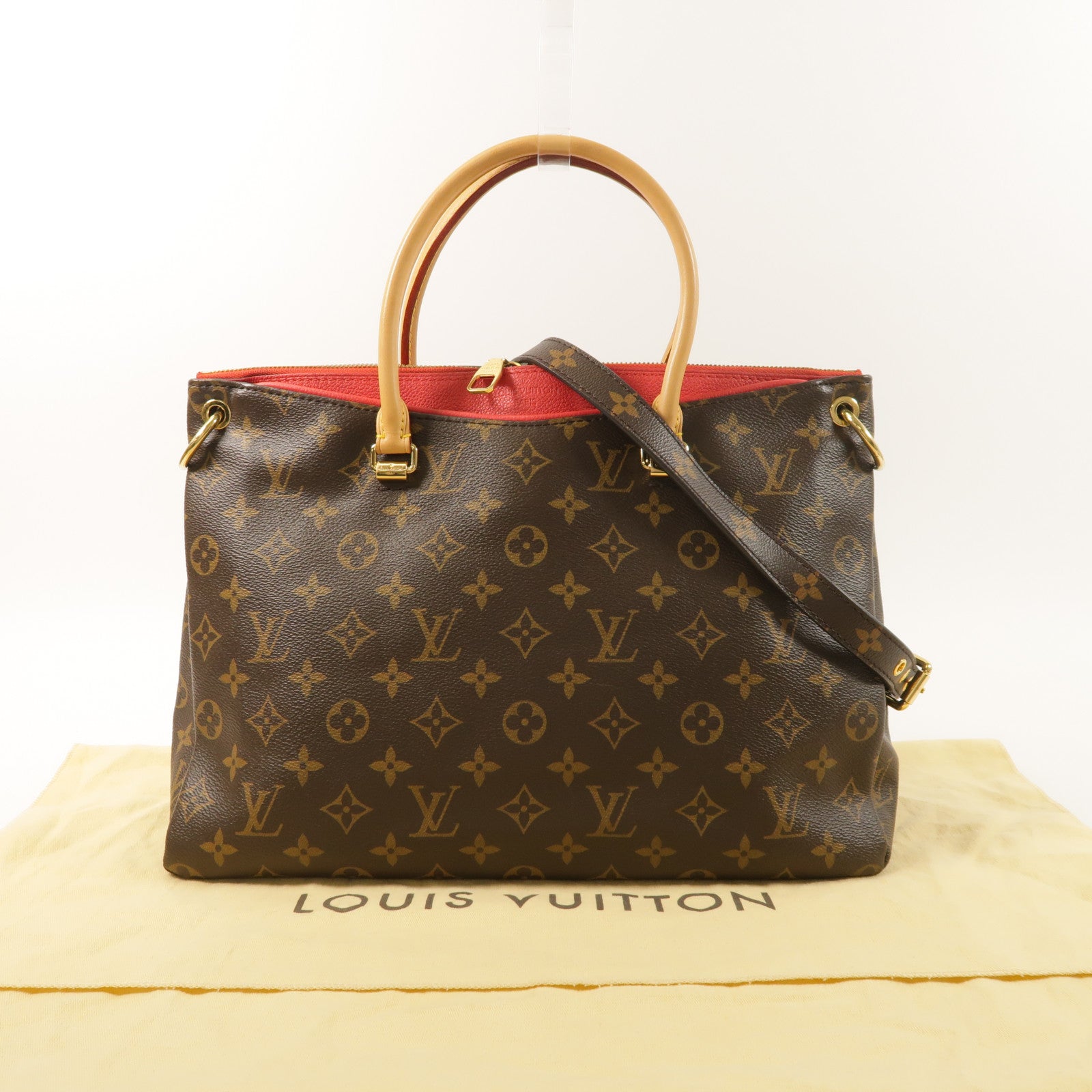 LOUIS VUITTON Monogram Pallas金扣手挽肩背兩用袋棕色/紅色