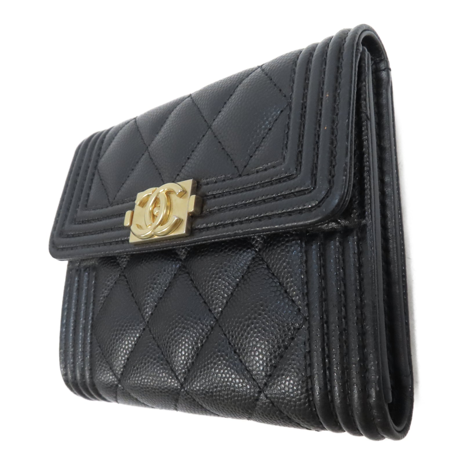 CHANEL 菱格Caviar皮革Boy Wallet金扣錢包黑色