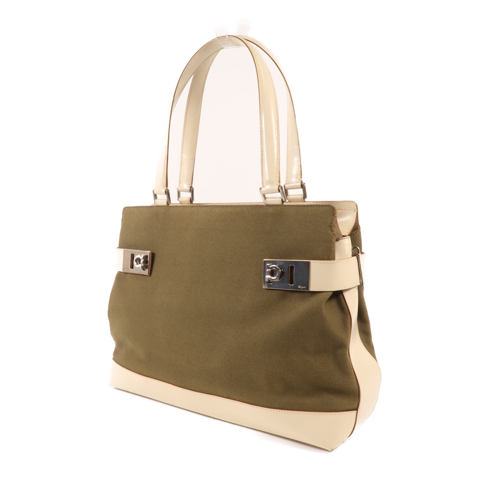 Salvatore Ferragamo 帆布/皮革2 Way Shoulder銀扣手挽肩背兩用袋