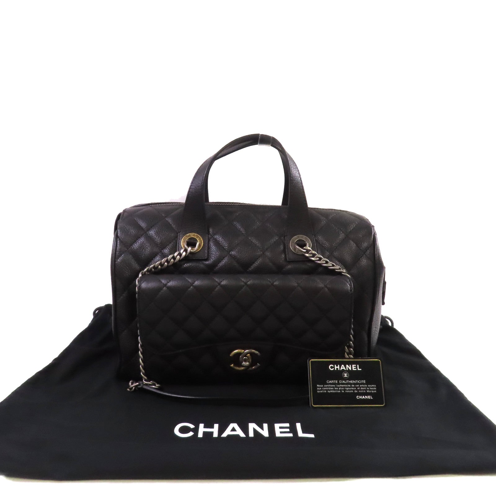 CHANEL 菱格牛皮皮革2Way Shoulder Bag金扣/銀扣鏈帶手挽肩背兩用袋黑色
