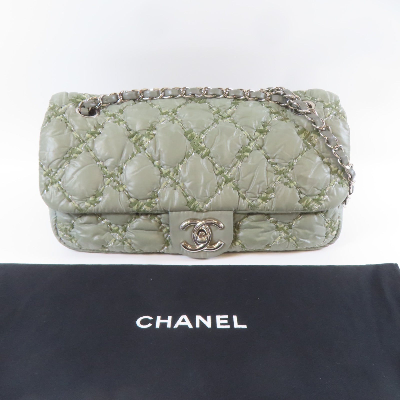 CHANEL 菱格尼龍Chain Shoulder銀扣鏈帶肩背袋綠色