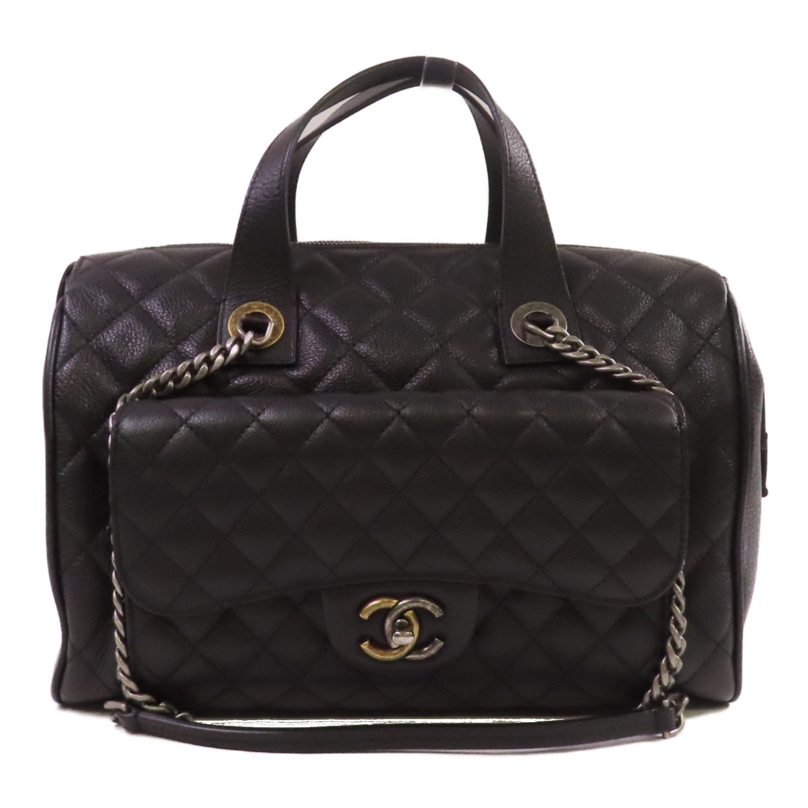 CHANEL 菱格牛皮皮革2Way Shoulder Bag金扣/銀扣鏈帶手挽肩背兩用袋黑色
