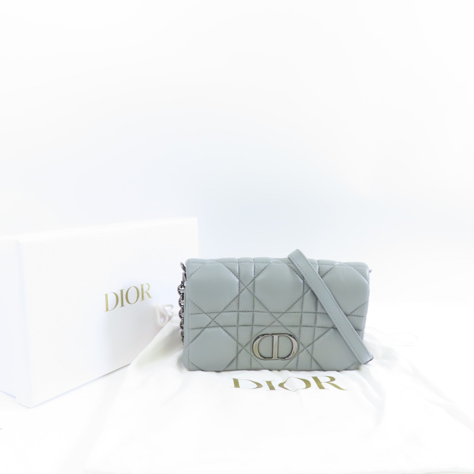 Dior 皮革Caro Macrocannage Mini Bag銀扣鏈帶肩背袋灰色
