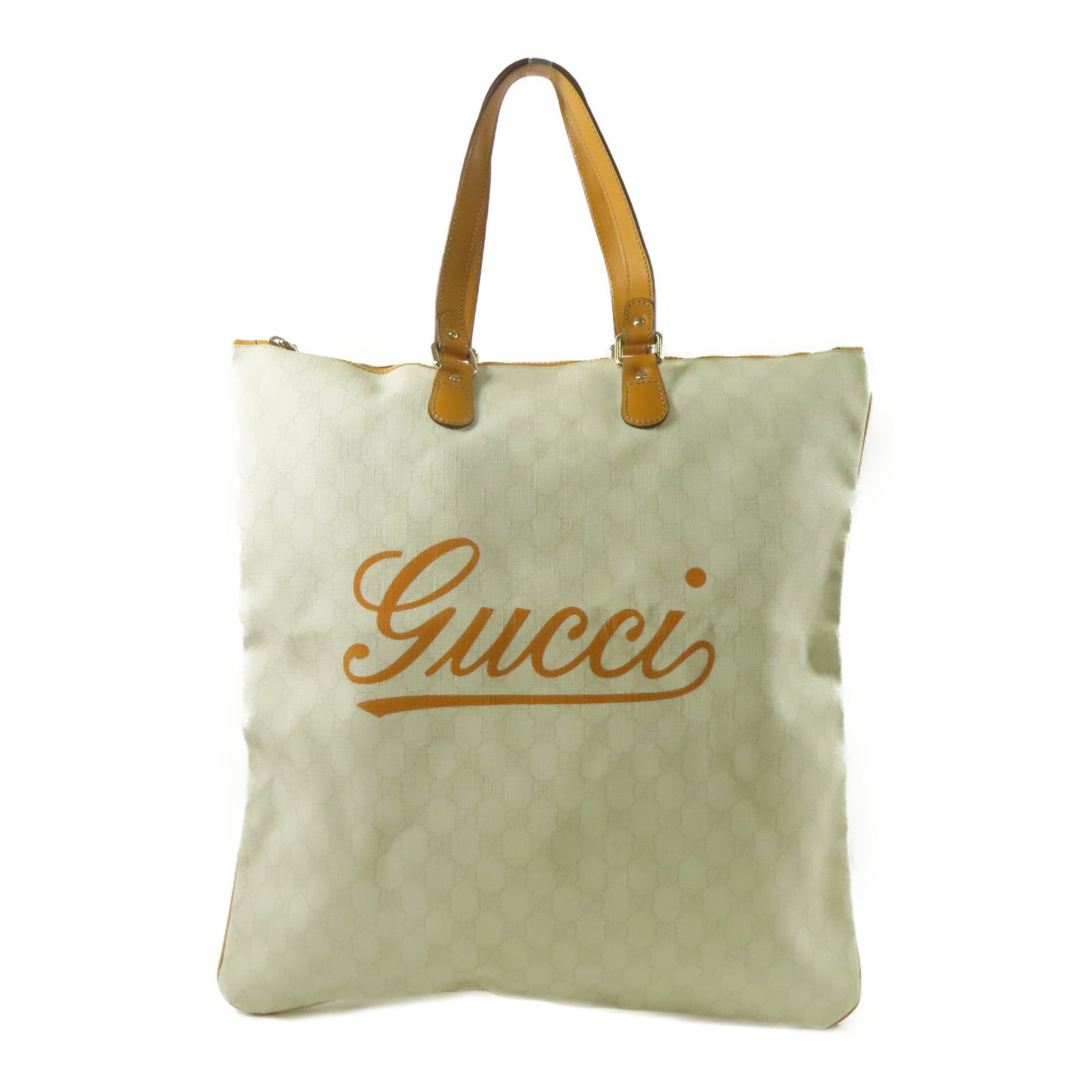 GUCCI 塗層帆布/皮革Tote Bag金扣手挽袋白色/橙色