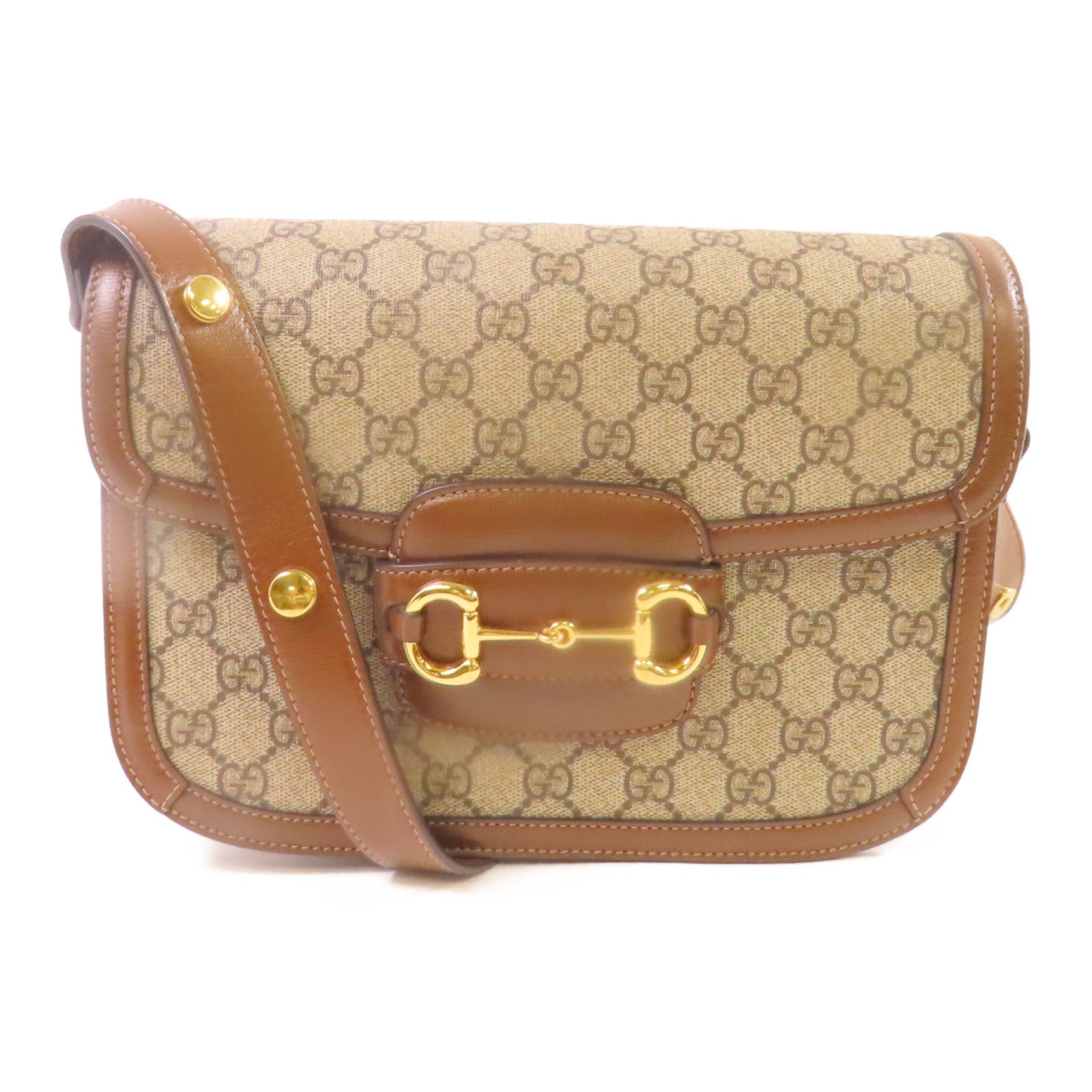 GUCCI 【激減優惠】塗層帆布Horsebit 1955 Shoulder Bag金扣肩背袋啡色