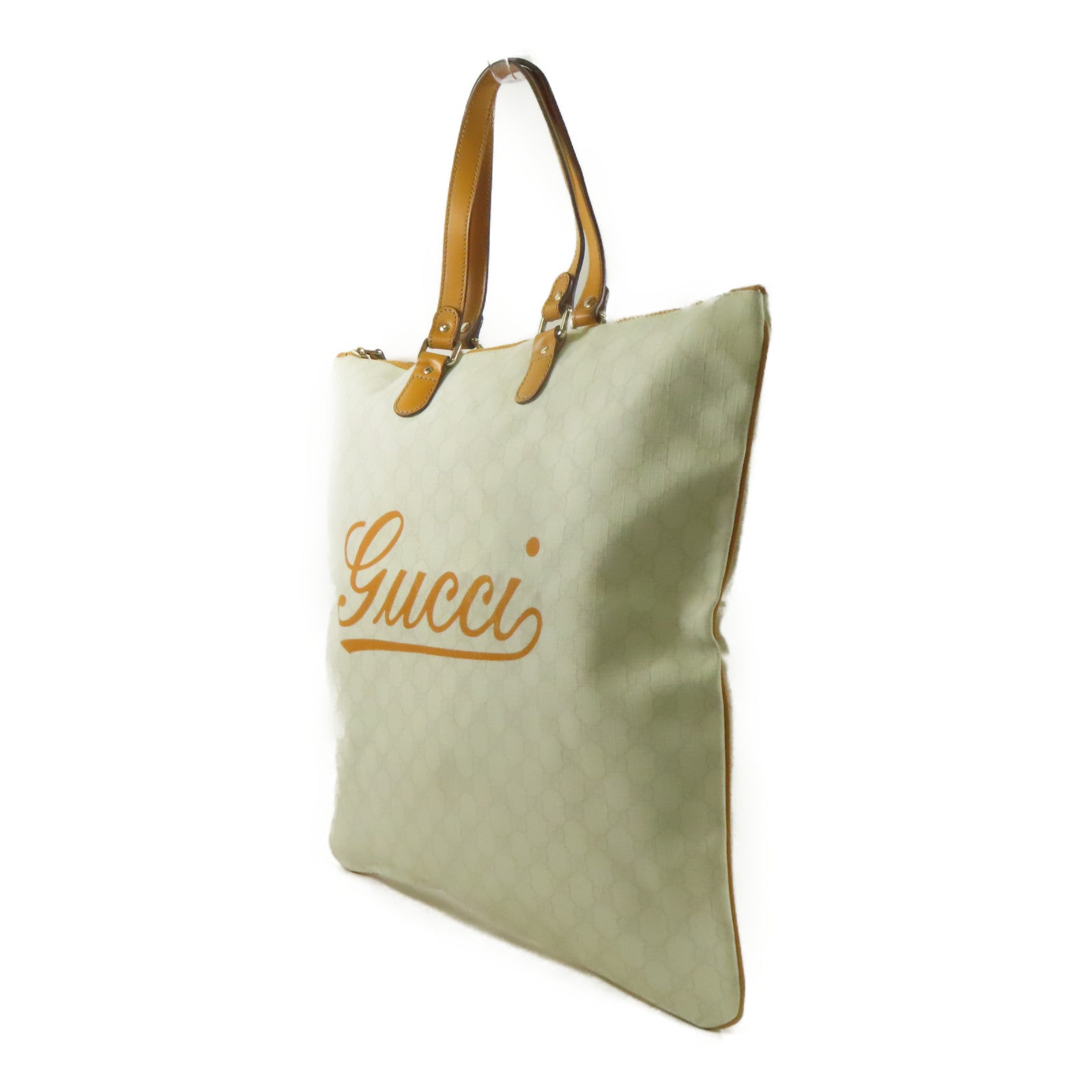 GUCCI 塗層帆布/皮革Tote Bag金扣手挽袋白色/橙色
