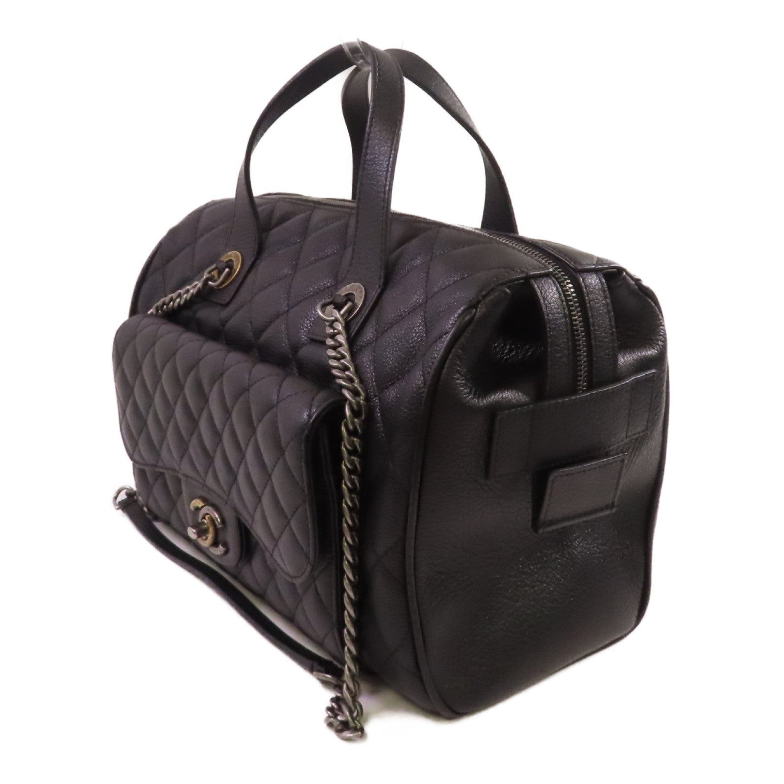 CHANEL 菱格牛皮皮革2Way Shoulder Bag金扣/銀扣鏈帶手挽肩背兩用袋黑色