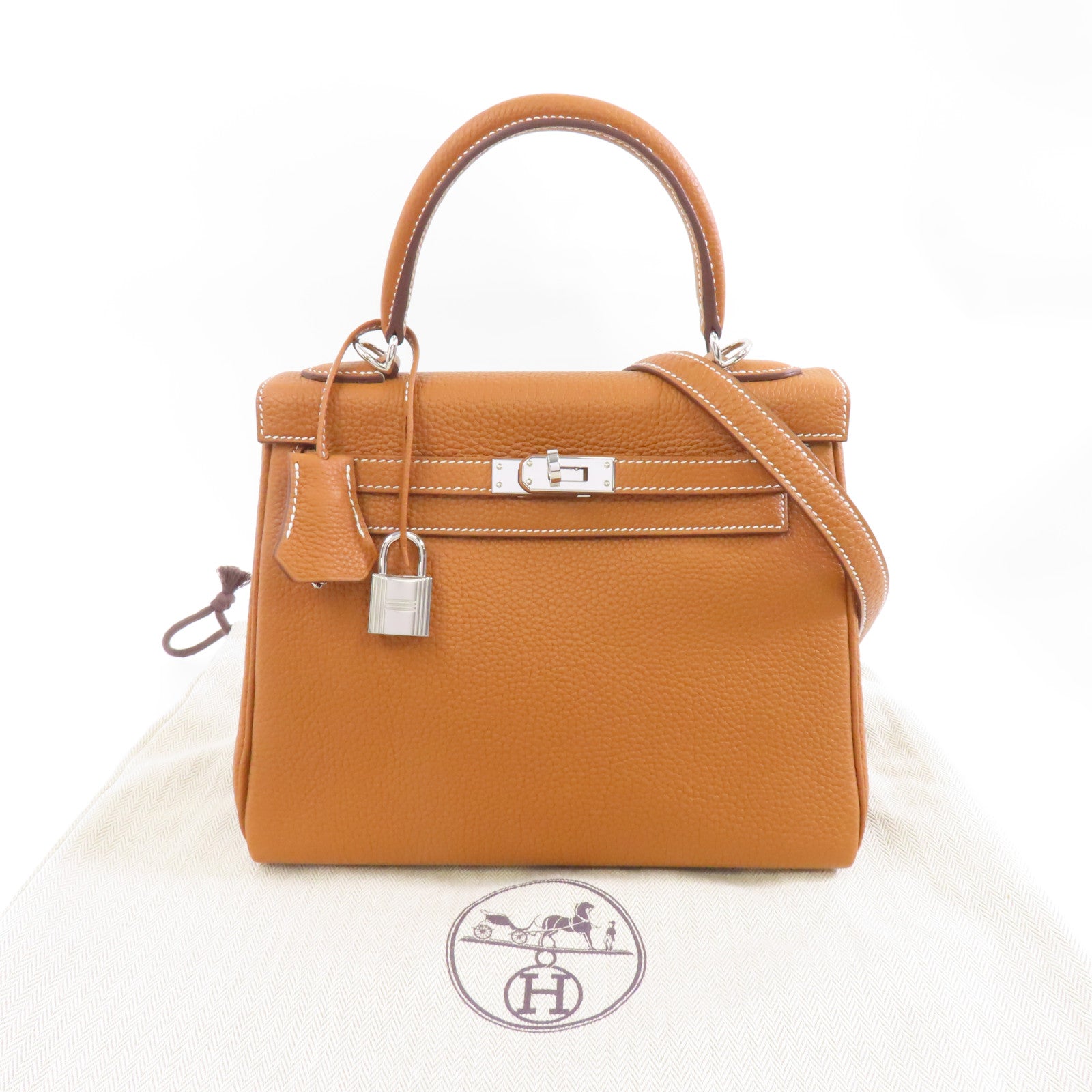 HERMES Togo皮革Kelly 25銀扣手挽肩背兩用袋Gold/棕色