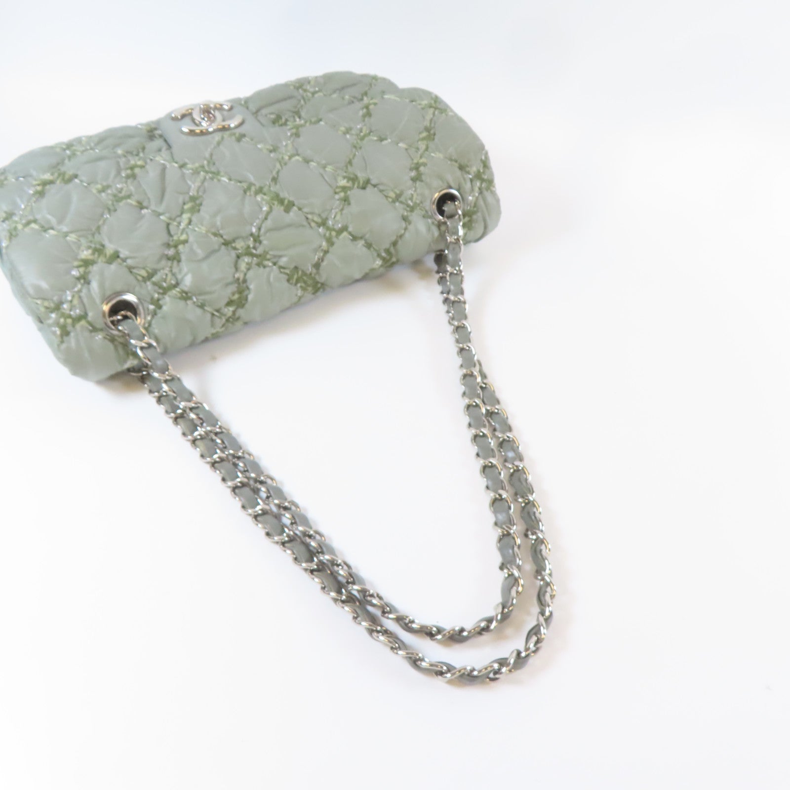 CHANEL 菱格尼龍Chain Shoulder銀扣鏈帶肩背袋綠色