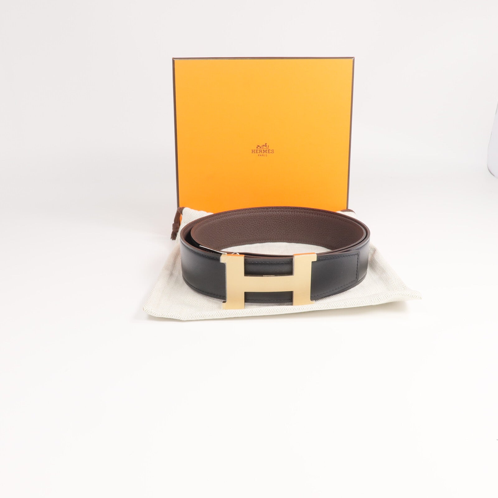 HERMES Togo/Box Calf皮革Belt金扣皮帶Noir/Gold