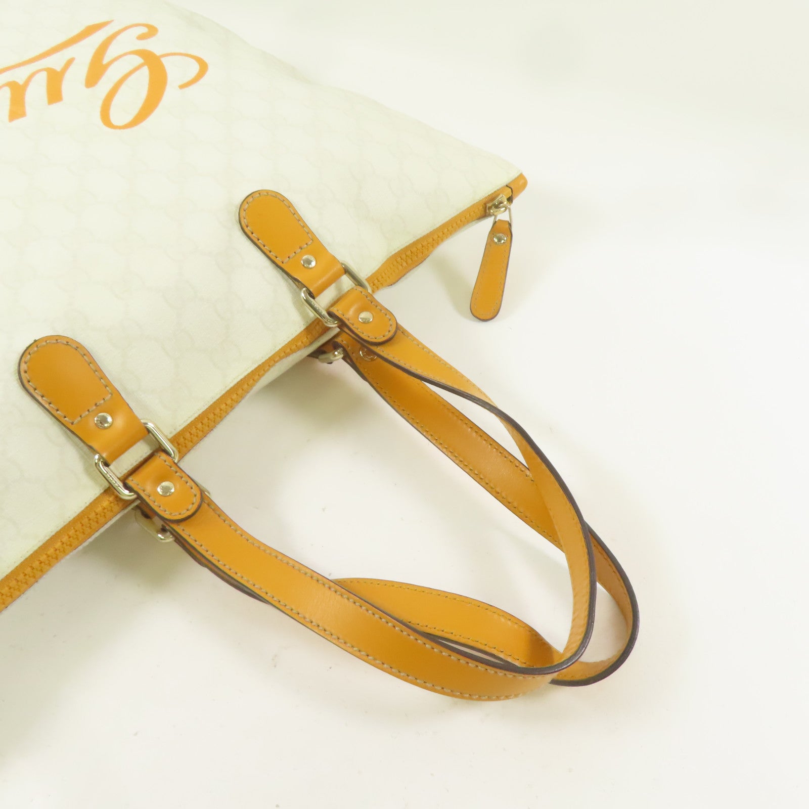 GUCCI 塗層帆布/皮革Tote Bag金扣手挽袋白色/橙色